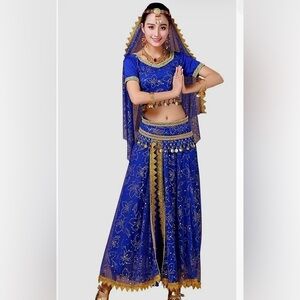 BellyDance Bollywood Halloween Costume With Head Veil Coin Belt Medium RoyalBlue
